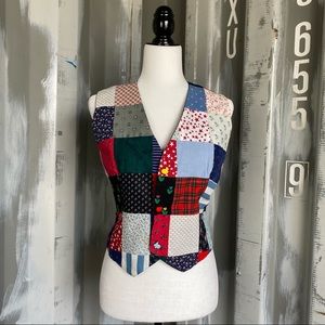 VTG Vintage Ladies’ Quilted Patchwork Bold Red Blue Multicolour Vest [Size L]